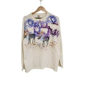 Vtg Denali Alaska Foundation Hand Painted Caribou Long Sleeve Henley Shirt Large